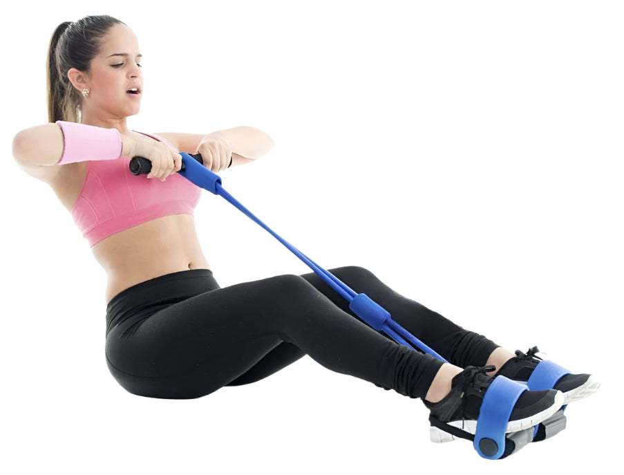 Woman exercising with a resistance band on a white background